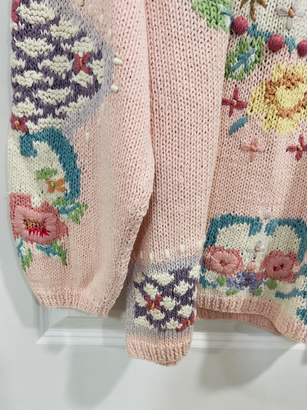 VTG Jennifer Reed Hand Knit Floral Embroidered Sweater Large Pastel Bobble NWT - Picture 4 of 10